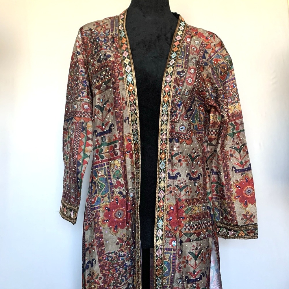 Sayuri Designer Indian Duster Jacket Mirror Work Boho Kimono Phulkari Lagenlook - Picture 2 of 12
